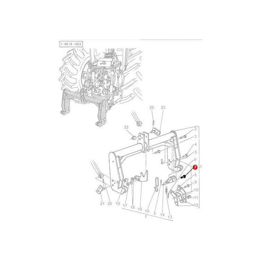 A technical diagram illustrates the components of a tractor's rear, with numbered parts. It specifically highlights part number 9, marked with a red dot. This diagram is crucial for understanding the tractor parts of the Massey Ferguson 100 Series, including the Clevis Pin 1/2 x 15/16 by AGCO, product number 195396M1.