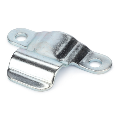 The AGCO Massey Ferguson Clip, part number D28283934, is a small metal clip featuring two mounting holes and a central curved section, making it ideal for use in pre-100 series machinery.