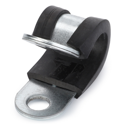 The AGCO Massey Ferguson - Clip Rubber Lined - 3581507M1 is a metal pipe clamp with black rubber lining, featuring a rounded top section for securely holding pipes and a flat base with a circular hole for attachment. This product is ideal for maintaining Massey Ferguson tractor parts, particularly within the 3000 Series range.