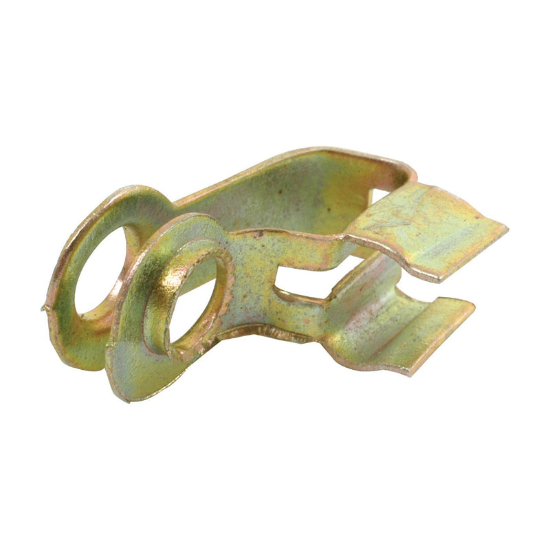 The Sparex Throttle Linkage Clip (5mm), Part No. S.41342, is a small, metallic clip with a rust-resistant coating that features two circular eyelets and a bent, flat tab—ideal for use with Sparex equipment.