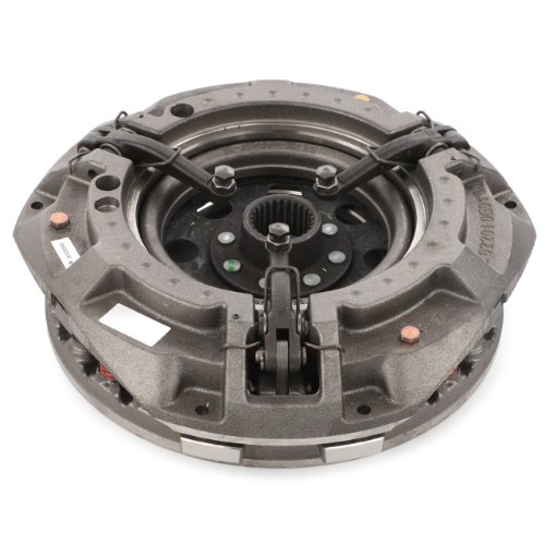 Close-up view of the Massey Ferguson - Clutch Assy 12 Dual - 3610268M92 by AGCO, showcasing a dark gray housing and exposed inner components, exemplifying the robust engineering of Massey Ferguson's 300 Series.