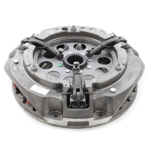 Close-up of a mechanical automotive part, specifically a Massey Ferguson - Clutch Assy - 3599496M93 by AGCO, featuring metal components and visible springs with split torque functionality.