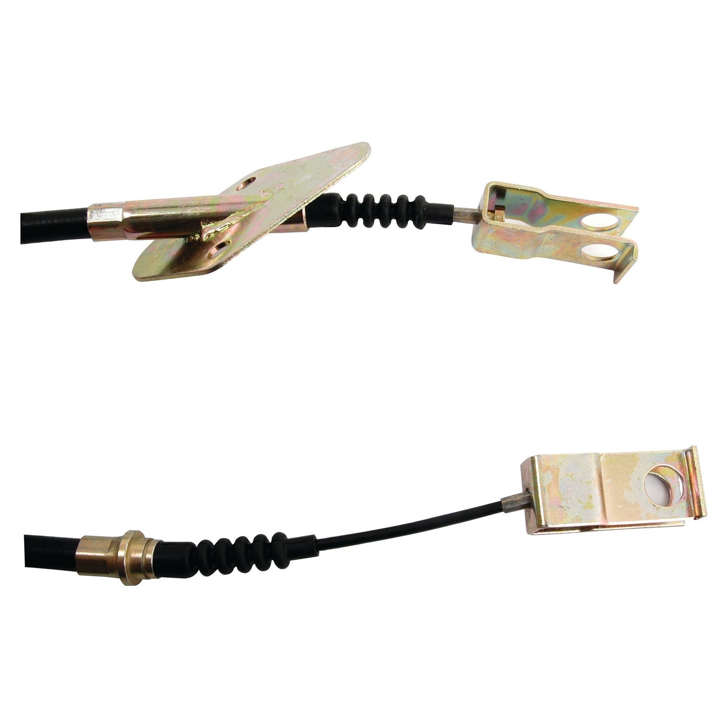 A close-up image of Sparex Part No. S.43404 metal clamp connectors attached to black clutch cables that are 721mm in length, showing detailed views of the mechanisms and attachment points of the brand's product.