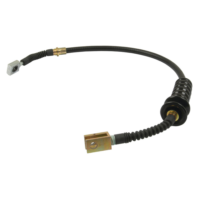 A versatile, black clutch cable by Sparex (Part No. S.43401), with a length of 756mm and an outer cable length of 512mm, is perfectly suited for replacing worn-out components in Massey Ferguson or Landini machinery. This product features durable metal connectors at both ends; one end has a gold-colored fitting while the other end sports a silver-colored fitting.
