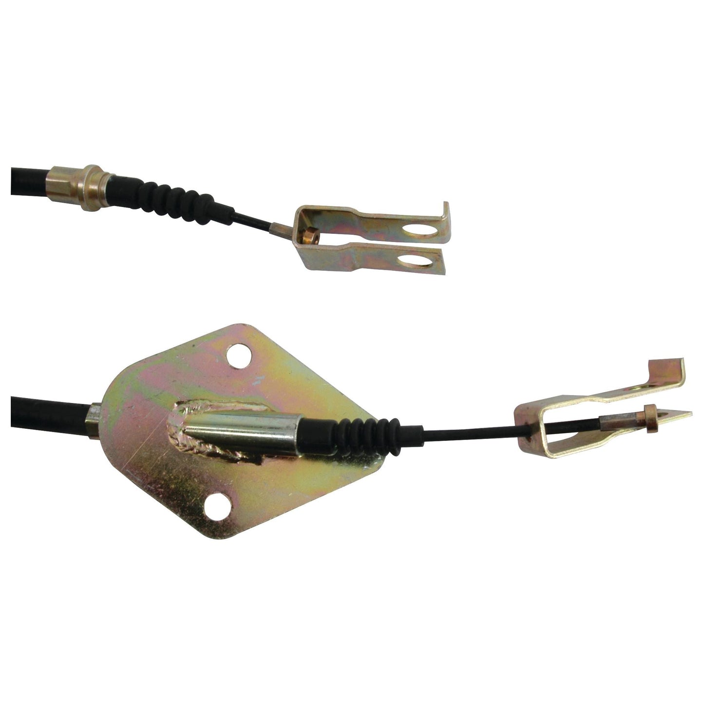 Close-up of the Sparex Clutch Cable (Sparex Part No. S.43406) with a length of 897mm and an outer cable length of 592mm, featuring a metal bracket and clip that showcase its attachment points and connectors. Designed for securing or actuating mechanisms, this robust cable is essential for Massey Ferguson tractors.