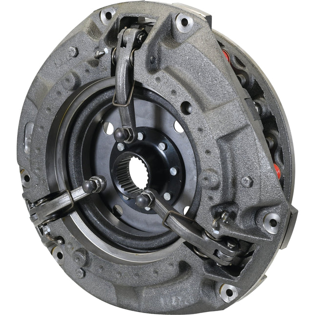 Close-up view of a metallic automotive clutch assembly with visible springs, gears, and housing components, featuring the sturdy Sparex Clutch Cover Assembly - S.40678 made of cast iron.
