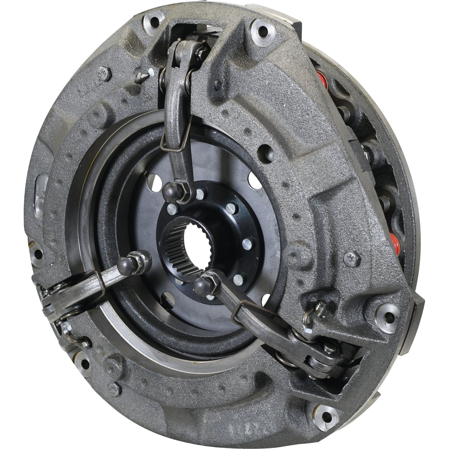 Close-up view of a metallic automotive clutch assembly with visible springs, gears, and housing components, featuring the sturdy Sparex Clutch Cover Assembly - S.40678 made of cast iron.