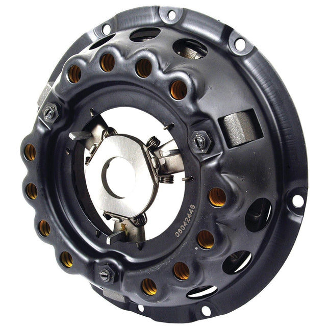 Close-up of the Clutch Cover Assembly - S.72898 by Sparex, a black automotive clutch pressure plate made from pressed steel featuring multiple openings and a central metal mechanism, ideal for seamless integration with the flywheel.