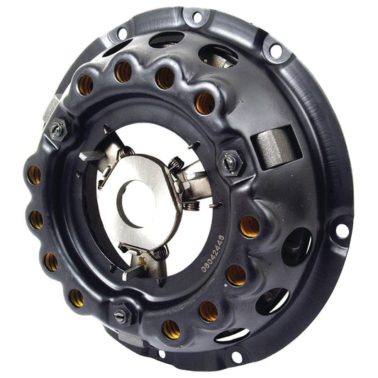 Close-up of the Clutch Cover Assembly - S.72898 by Sparex, a black automotive clutch pressure plate made from pressed steel featuring multiple openings and a central metal mechanism, ideal for seamless integration with the flywheel.