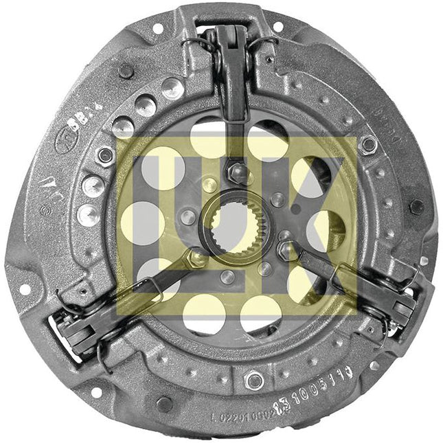 The Sparex Clutch Cover Assembly - S.73051 is a mechanical component featuring metal parts and a gear-like structure, with symmetrical design and a circular array of holes, all encased in durable cast iron.