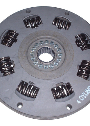 Circular metal clutch plate with six damper springs evenly spaced around the central splined hub, labeled "4 CYLINDRES" on the side, known as Clutch Damper - S.73165 from Sparex.