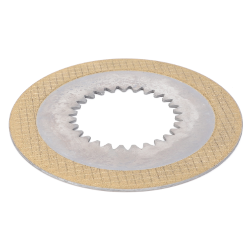 The AGCO Massey Ferguson Clutch Disc - 3616745M2 is a round, metallic disc featuring a beige, textured outer ring and a serrated inner hole, commonly utilized on Massey Ferguson tractors.