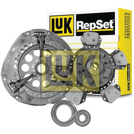 Image of a Sparex Clutch Kit with Bearings - S.127074, showcasing a cerametallic disc, pressure plate, clutch cover, and release bearing, with the packaging box in the background.