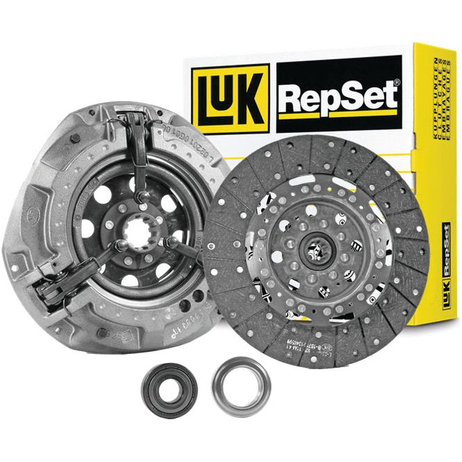 A Sparex Clutch Kit with Bearings - S.146792, featuring an organic disc, pressure plate, release bearing, and pilot bearing, displayed in front of a branded yellow and black box.