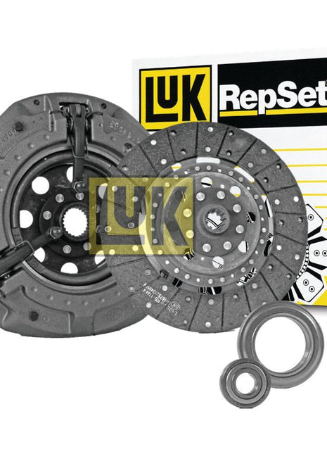 A Clutch Kit with Bearings - S.146879 from Sparex, featuring an organic disc along with a pressure plate, is placed next to a yellow and white Luk RepSet box.