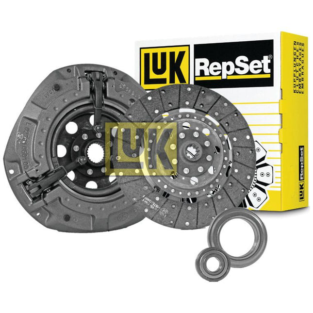 A Clutch Kit with Bearings - S.146879 from Sparex, featuring an organic disc along with a pressure plate, is placed next to a yellow and white Luk RepSet box.