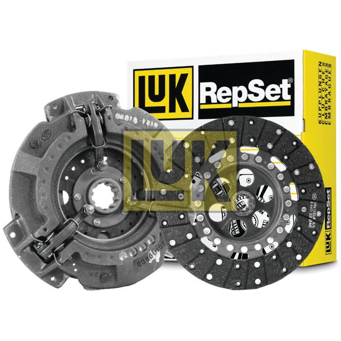 Image of the Sparex Clutch Kit without Bearings - S.146554, showcasing two main components: a cast iron housing pressure plate (left) and an organic material clutch disc (right), with the packaging box in the background.