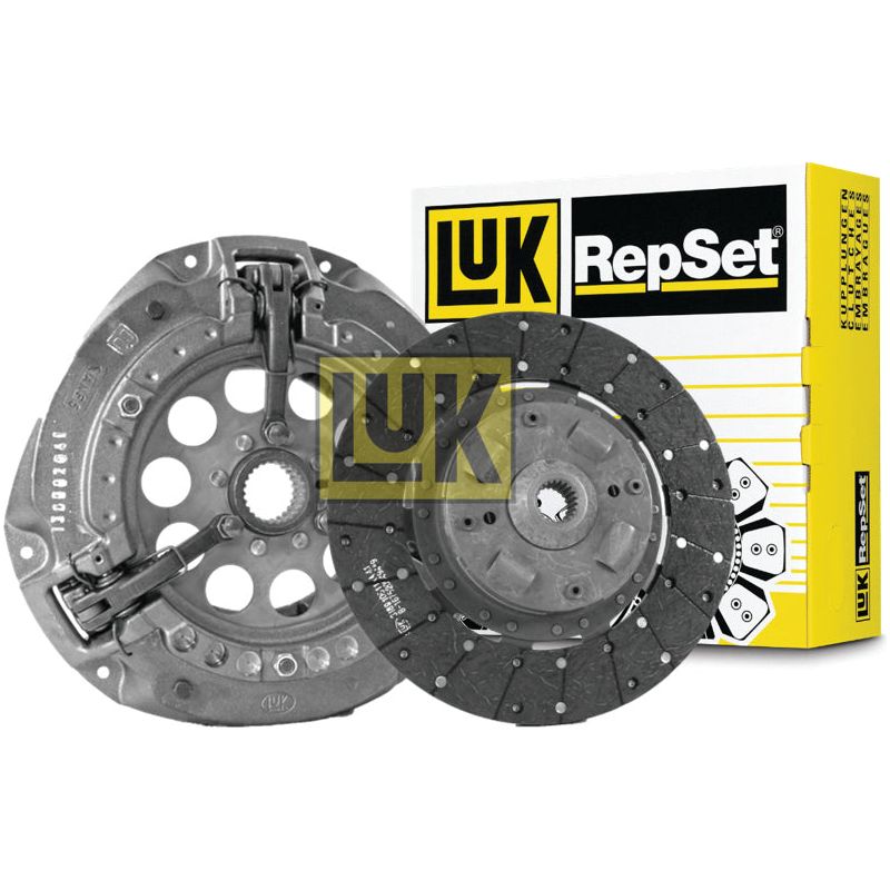 The Sparex Clutch Kit without Bearings - S.146819, crafted with durable organic material, includes a pressure plate and clutch disc. Displayed with its branded yellow and white packaging in the background, this Sparex brand product promises reliability and performance.