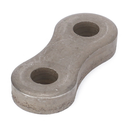 A metallic object with two large holes, resembling a chain link, viewed from an angle. It looks like it could be the Massey Ferguson - Clutch Link - 3900547M1 from the AGCO brand.