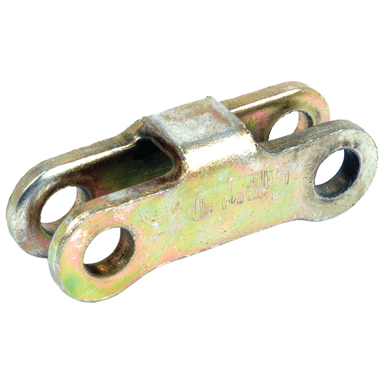 The Sparex Clutch Link, Part No. S.40724, is a metal connector with twin oval holes on each end and a central ridge, designed for joining or repairing chains. This durable component is perfect for use in Massey Ferguson machinery.