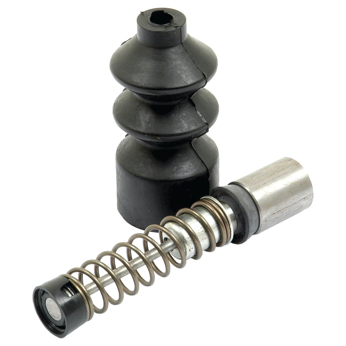 Two mechanical components: one is a black rubber boot with a bellows shape, and the other is a metallic cylindrical part with an attached spring, both designed as part of the Sparex Clutch Master Cylinder Repair Kit (Sparex Part No.S.42318) for Massey Ferguson, fitting perfectly in your clutch master cylinder.
