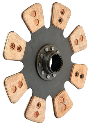 The Sparex Clutch Plate - S.19514 is a cerametallic, star-shaped clutch disc featuring eight copper friction pads and a central splined hub, secured by six bolts. Its 350mm diameter guarantees robust performance under rigorous conditions.