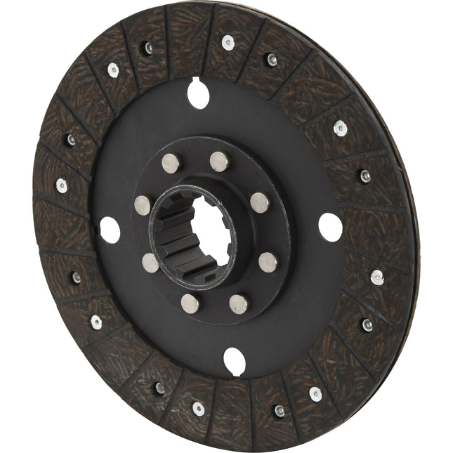 Close-up of the Clutch Plate - S.40712 by Sparex, a 230mm circular metal clutch disc featuring organic lining material with a central Spline 10 hub and friction material segments around the perimeter.