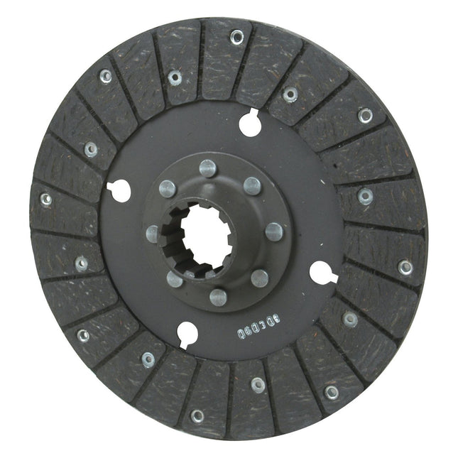 A close-up image of the Sparex Clutch Plate - S.40713, a black 250mm disc with a central hub and radial friction material segments. It features ten splines, eight equally spaced holes near the center, and visible fasteners around the edge, all crafted with rigid lining material for durability.