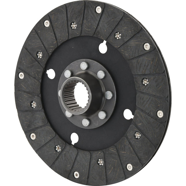 The Clutch Plate - S.40714 by Sparex is a circular, black friction disc featuring metal components and a central splined hub, commonly used in automotive or machinery applications.