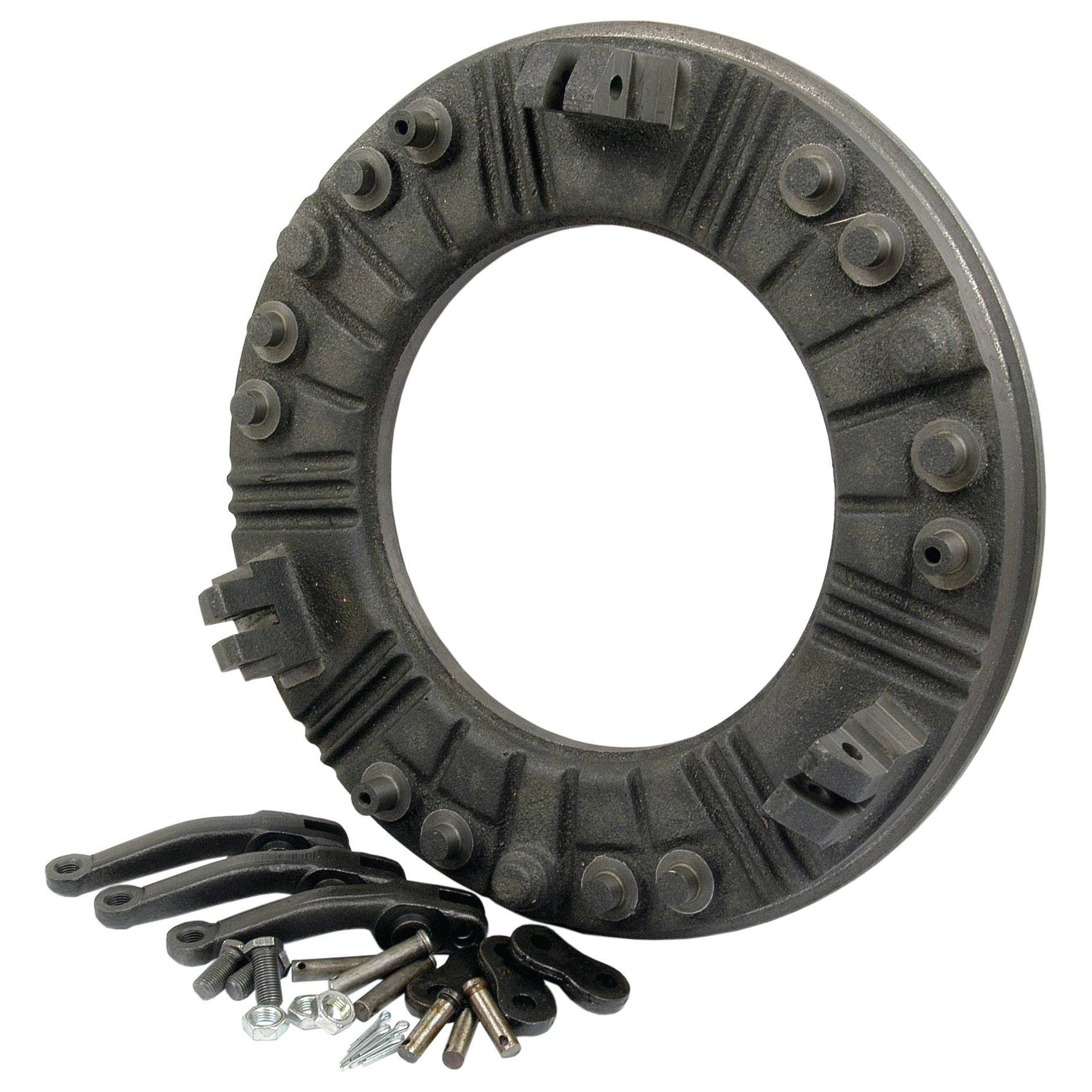 A black circular metal part with multiple screws and brackets, resembling the Sparex Clutch Cover and Finger Kit (Part No.S.19566), is laid out on a white background.