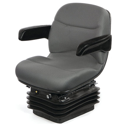 The Sparex Compact Air Suspension Seat - 12V (Fabric) - S.156646 is a gray ergonomic seat with black fold-up armrests and a cushioned base, featuring Double depth Fabriform® comfort cushions designed for optimal comfort and support.