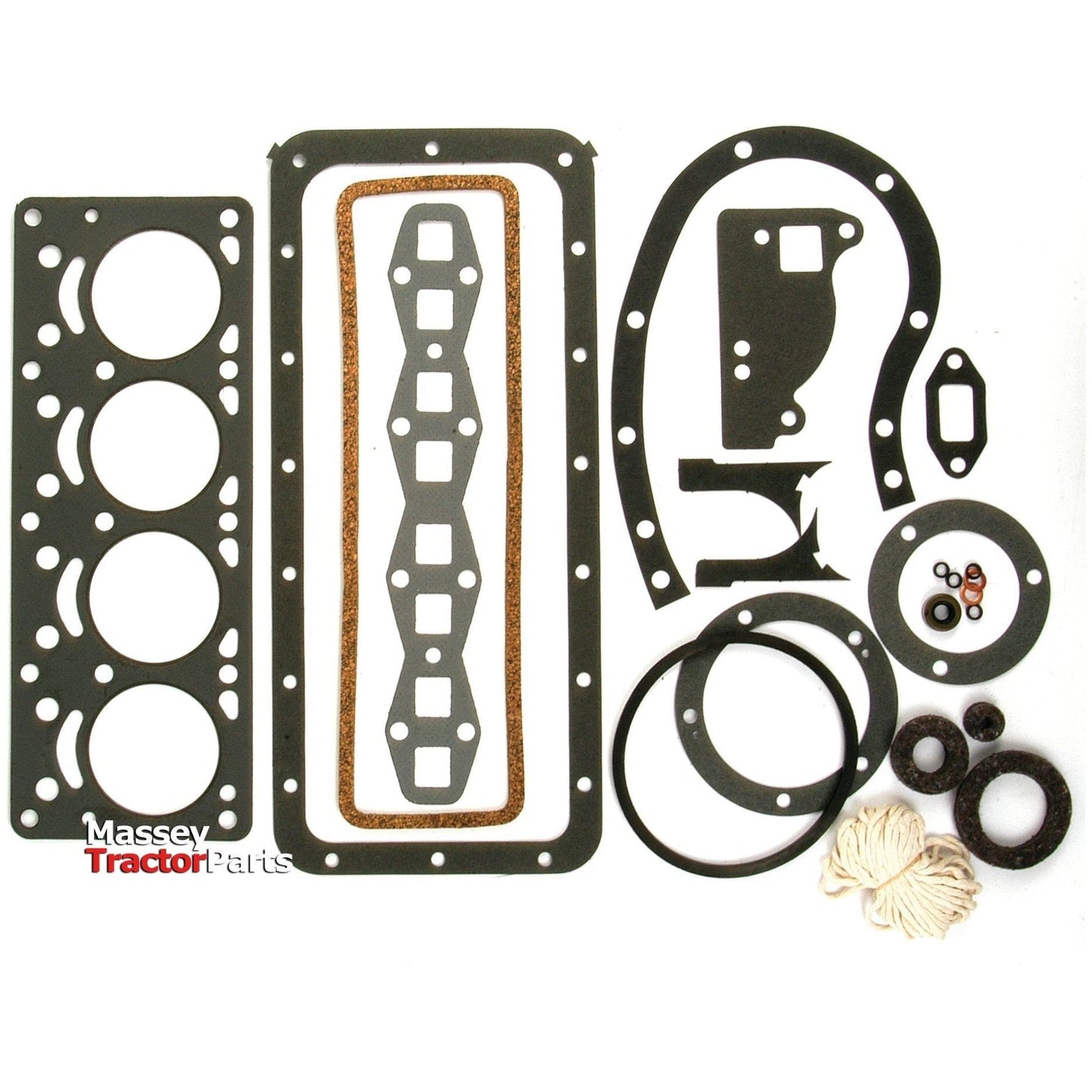 A set of Sparex tractor engine gaskets and seals displayed on a white background. The image shows various shapes and sizes of gaskets, seals, and O-rings. Text on the image reads "Massey Tractor Parts - Ideal for 4 Cyl Massey Ferguson engines | Complete Gasket Set - 4 Cyl. | Sparex Part No.S.61501.