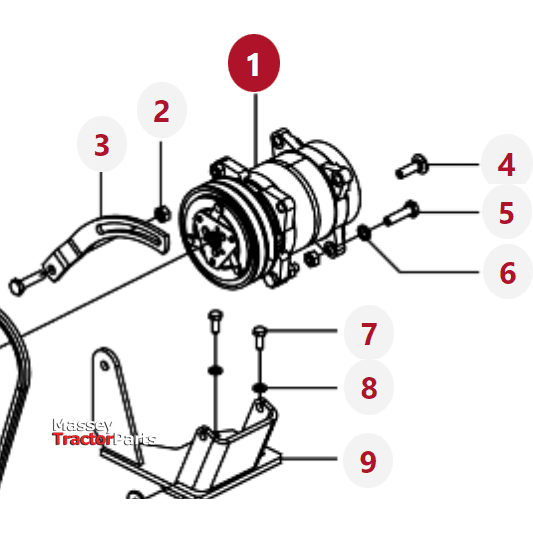 Diagram of an AGCO Massey Ferguson Compressor - 7028802M1 with labeled components, including a central cylindrical part (1) and various bolts, screws, and brackets. Each part is numbered and connected.
