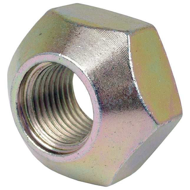 Close-up image of the Sparex Cone Wheel Nut, 9/16'' UNF (Sparex Part No.S.1752), featuring a hexagonal shape and threaded inner hole. It is commonly used in conjunction with bolts for fastening objects, particularly as a rear wheel nut for Massey Ferguson tractors.