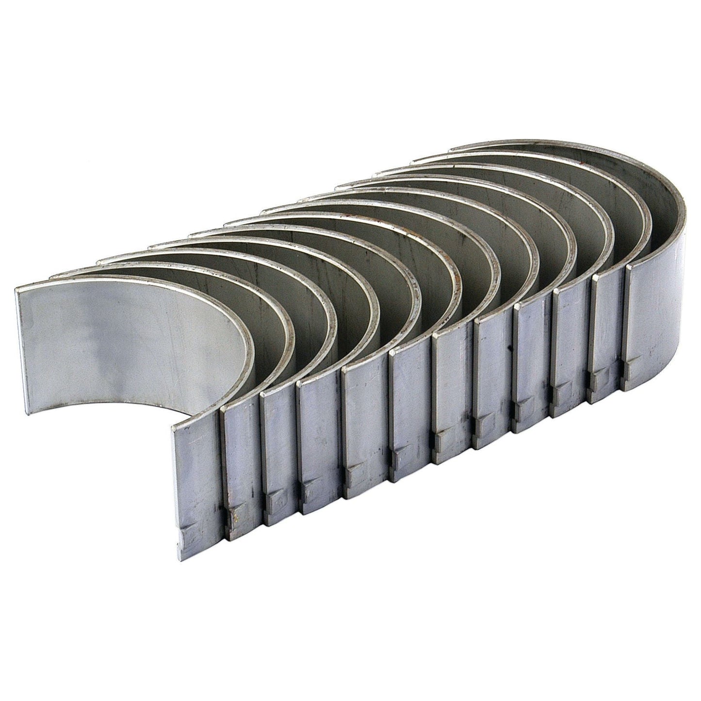 A set of nine Sparex Conrod Bearing +0.010'' (0.25mm) engine bearings, part number S.40328, arranged in a partially fanned out, semi-circular stack.