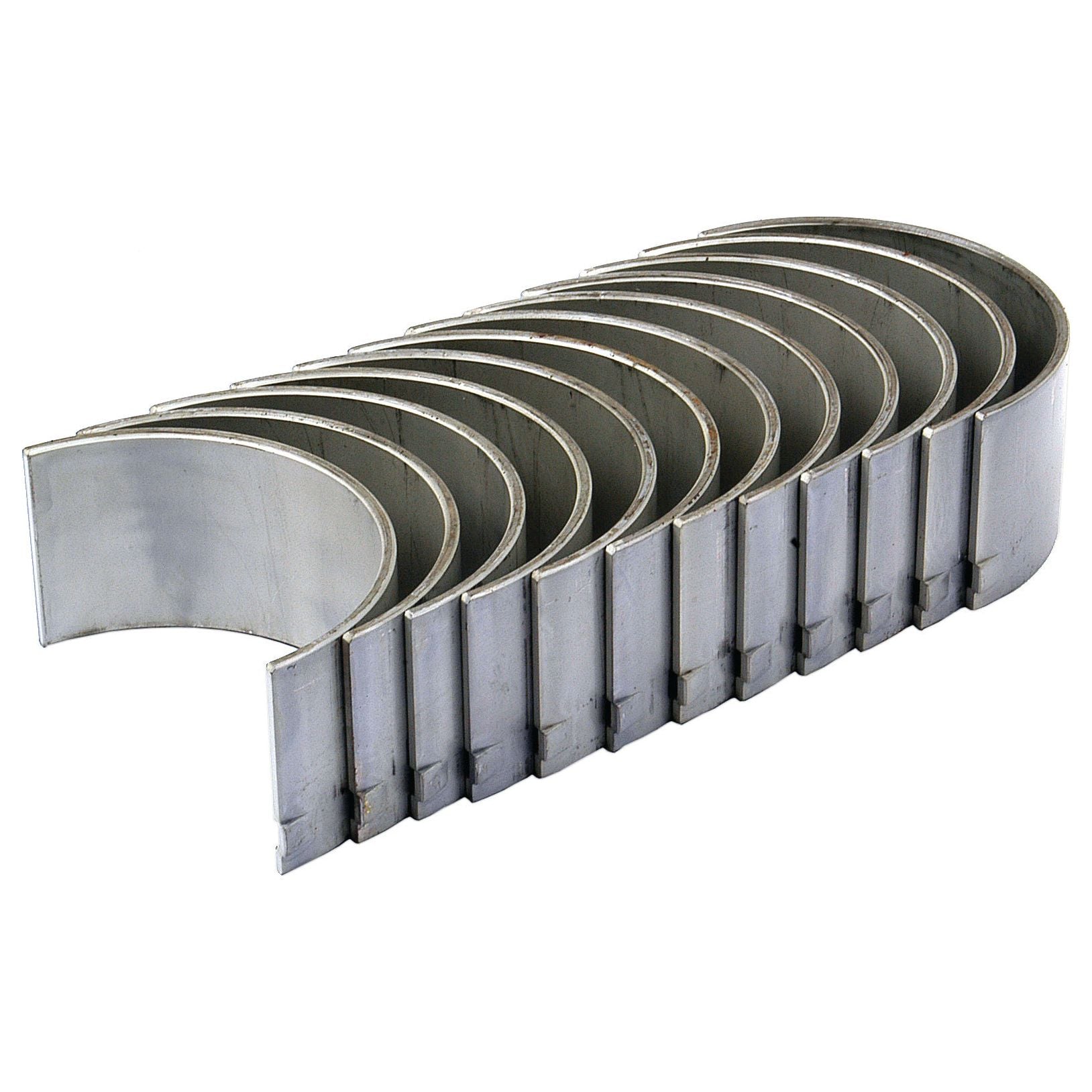 A set of nine Sparex Conrod Bearing +0.010'' (0.25mm) engine bearings, part number S.40328, arranged in a partially fanned out, semi-circular stack.