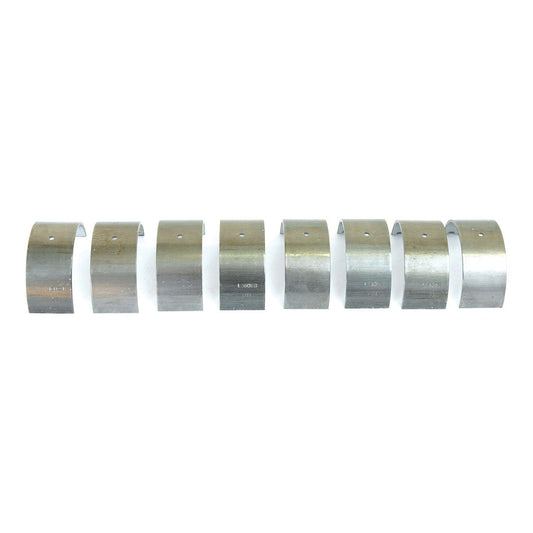 A set of eight Sparex Conrod Bearings +0.020'' (0.50mm), arranged side by side in a straight line, ideal for repairing or maintaining Massey Ferguson tractor parts, Sparex Part No.S.42500.