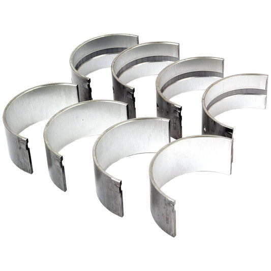 Image of eight semi-circular metal Conrod Bearing +0.020'' (0.50mm) shells, Sparex Part No.S.43170, arranged in a staggered pattern against a white background, suitable for a Massey Ferguson 23C 4 Cyl Diesel Engine and available from Sparex.