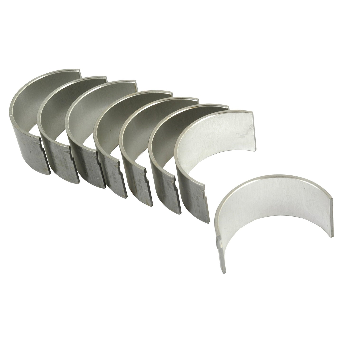 A set of seven curved metal bearing shells, identified as the Conrod Bearing +0.030'' (0.75mm) Set by Sparex (Part No. S.40322), compatible with Massey Ferguson 165 and Landini 6000 tractors, arranged in a line on a white background.