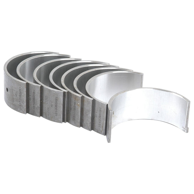Image showing a set of curved metal Conrod Bearings (+0.030'' (0.75mm) Set), Sparex Part No.S.42425, aligned next to each other, ideal tractor parts for Massey Ferguson models by Sparex.