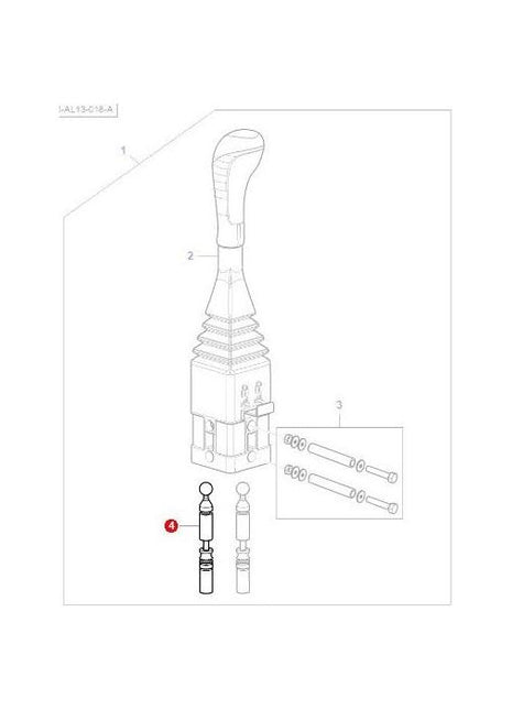 Illustration of a gear lever assembly for the Massey Ferguson Loader 900 Series, featuring an exploded view that details individual parts such as the handle, central mechanism, and connectors. Components are numerically labeled for reference. Compatible with the 905 model seamlessly. Specifically includes Massey Ferguson - Control Cable 1800mm - AL5020943 by AGCO.
