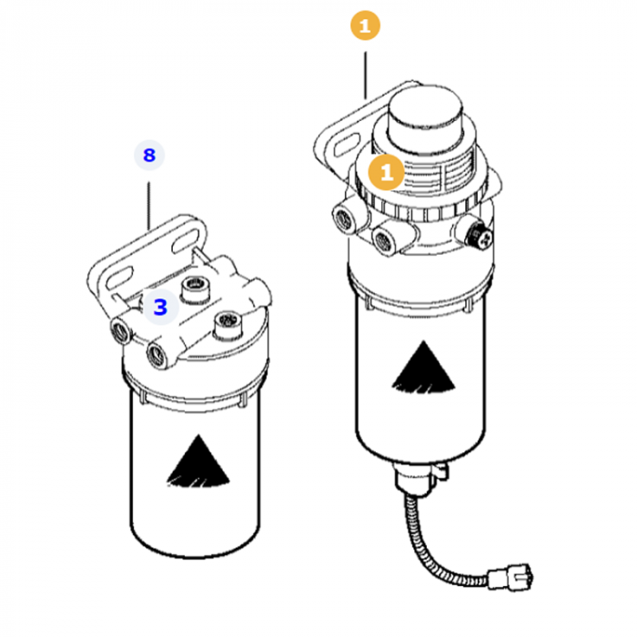 Technical diagram of two cylindrical mechanical parts with labeled components, resembling elements found in the Massey Ferguson - Conversion Kit - V837091152 from AGCO. The left part is labeled "3" and "8," and the right part is labeled "1." A connected wire extends from the bottom of the right part.