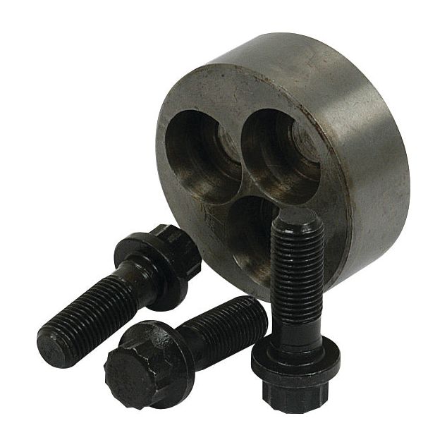 Three black bolts are placed next to a round metal disc with three holes, forming part of the Crankshaft Pulley Retaining Kit by Sparex (Part No. S.43256).