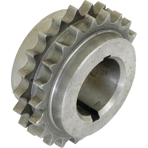 A close-up image of a metallic cogwheel with a double row of teeth and a central hole, resembling the precision engineering found in the Sparex Crankshaft Sprocket (Sparex Part No.S.42419).