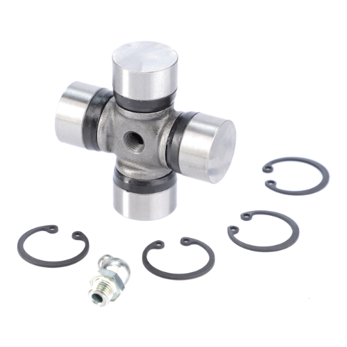 The AGCO Massey Ferguson - Crosspiece - 3429727M1 is a metal universal joint with four arms, inclusive of four retaining rings and a grease fitting, making it ideal for use in Massey Ferguson 200 Series tractors.