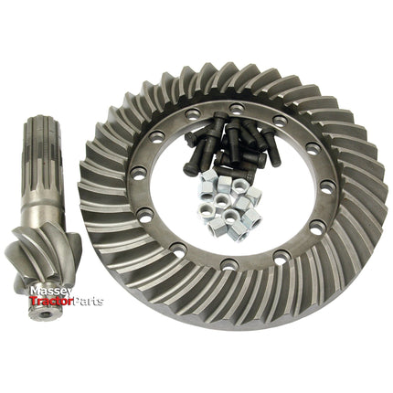 A Crown Wheel and Pinion set, labeled "Sparex Part No. S.40897," displayed against a white background with bolts and nuts. This gear set includes parts compatible with Massey Ferguson models and is sourced from the Sparex brand.