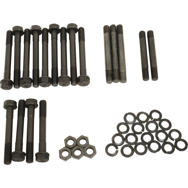 Assortment of black bolts, nuts, and washers, organized in separate groups on a white background, ideal for maintaining your Massey Ferguson or Landini equipment with the Cylinder Head Stud Kit - S.43676 from Sparex.