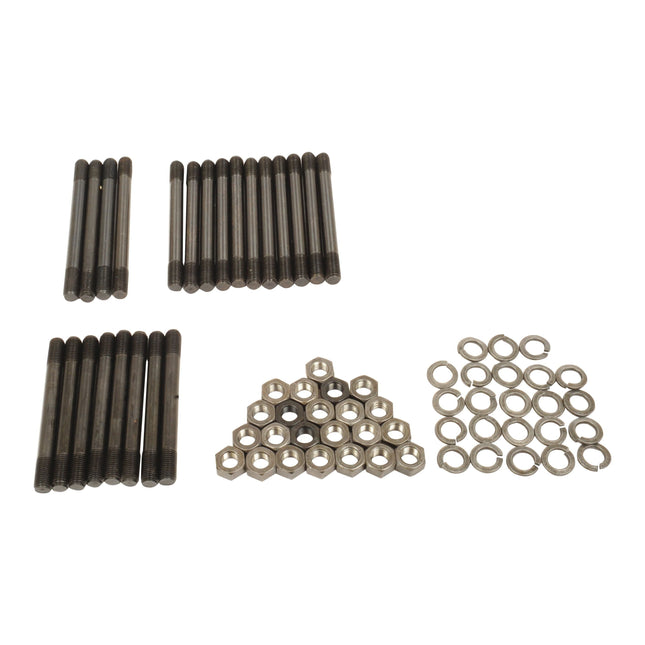 Image highlighting the Cylinder Head Stud Kit - S.43677 from Sparex, presenting organized sets of metal bolts, nuts, and washers on a white background. This kit is ideal for servicing Perkins Engine models such as the AD4.203 found in Massey Ferguson tractors.