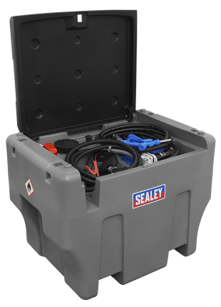 A Sealey-branded gray Combi Fuel Tank 400L/50L Portable - D440T with an open lid, displaying various tools and cables inside, alongside a 12V pump kit.