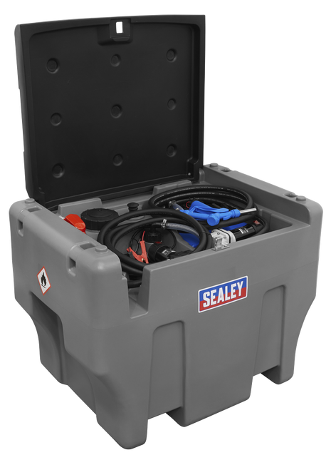 A Sealey-branded gray Combi Fuel Tank 400L/50L Portable - D440T with an open lid, displaying various tools and cables inside, alongside a 12V pump kit.